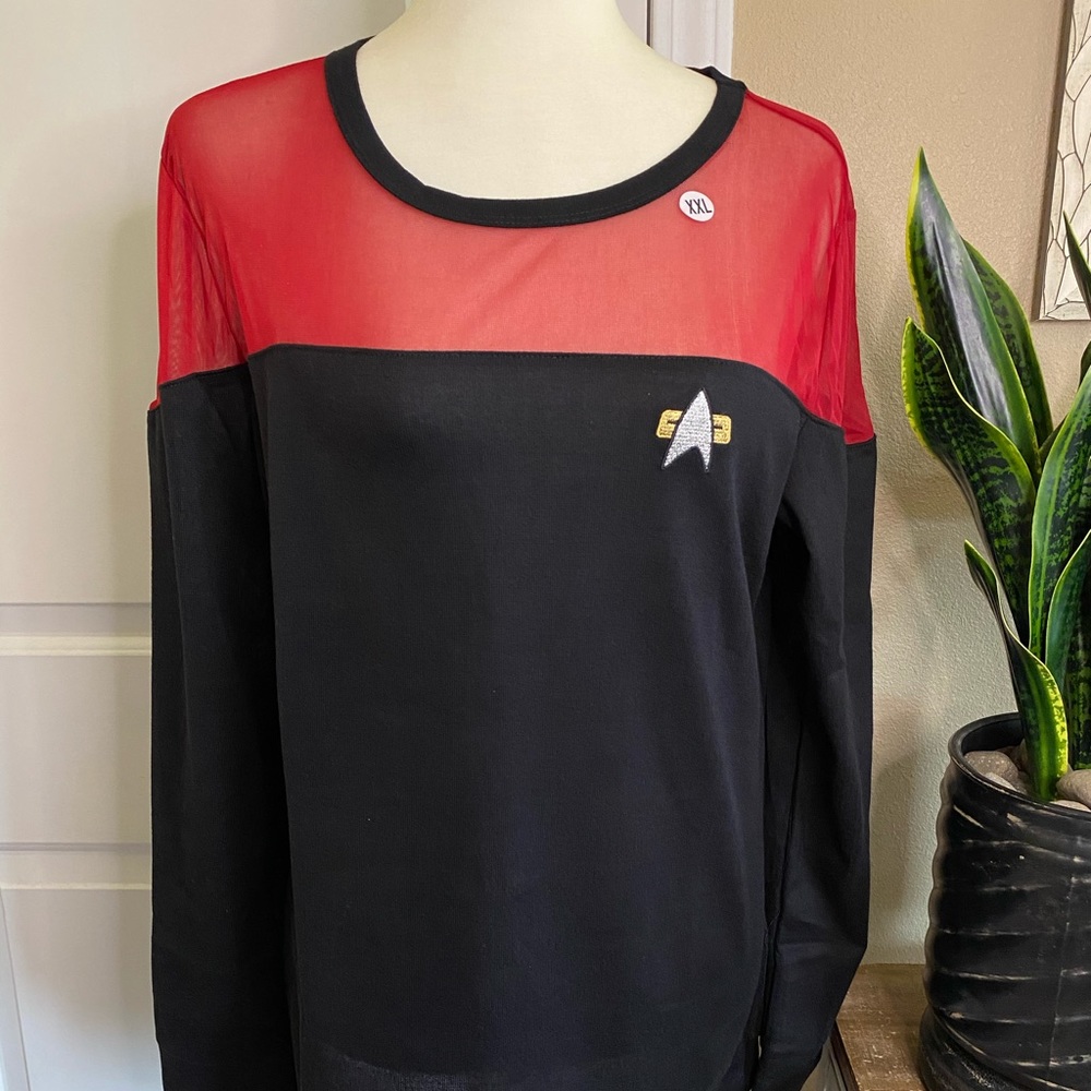NWOT Star Trek Sheer Yoke Red Long Sleeve Sweater - Picture 7 of 13